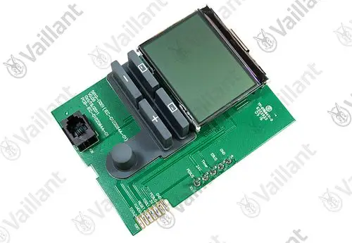 Vaillant Display-Modul mit Steuerknöpfen und LED-Anzeige, auf einer grünen Platine montiert, geeignet für Heizsysteme.